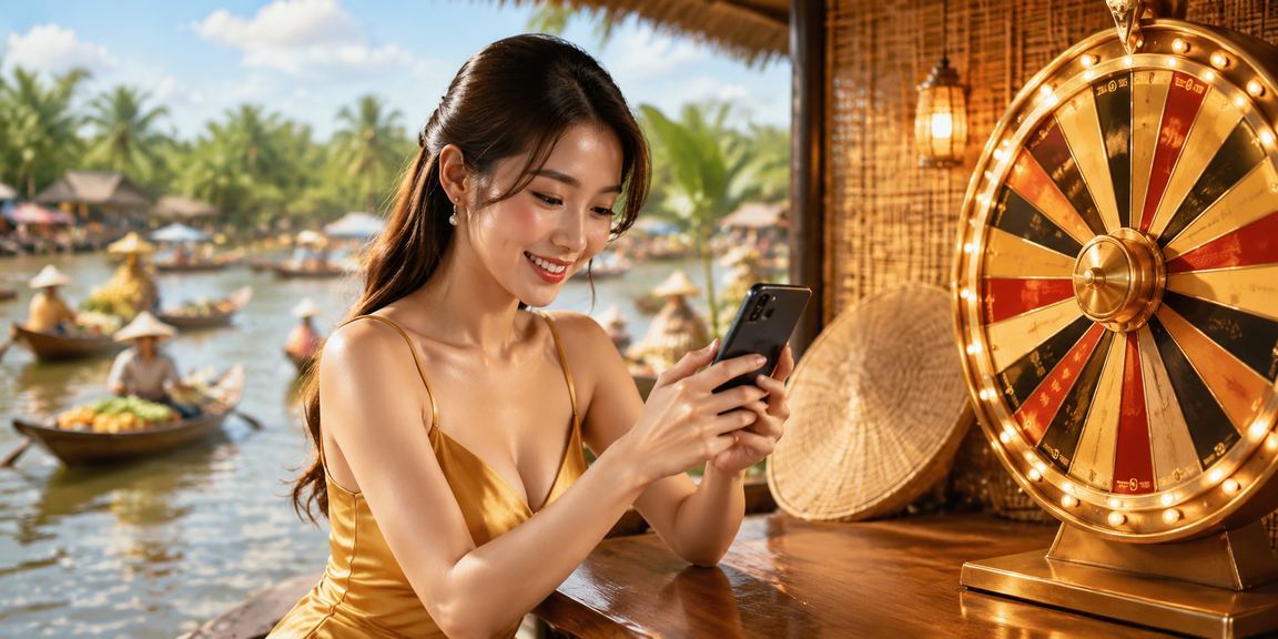 Người chơi roulette trực tuyến với bối cảnh văn hóa Mekong và nón lá Việt Nam